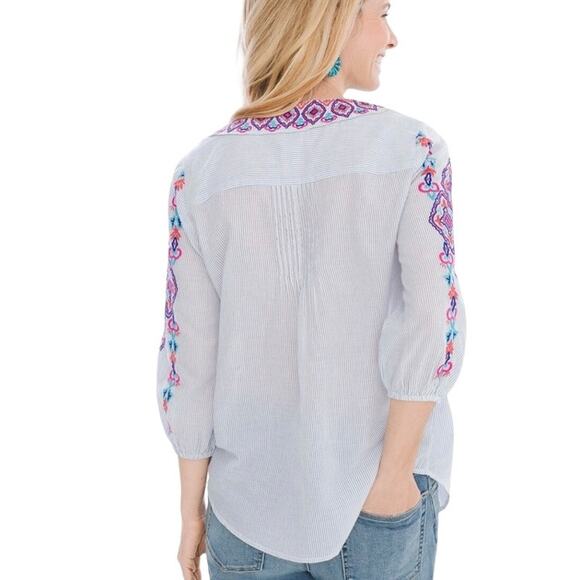 Chico's Blue White Stripe Popover Top Embroidered Beaded Tassels Size XL/16 Boho - Picture 2 of 13